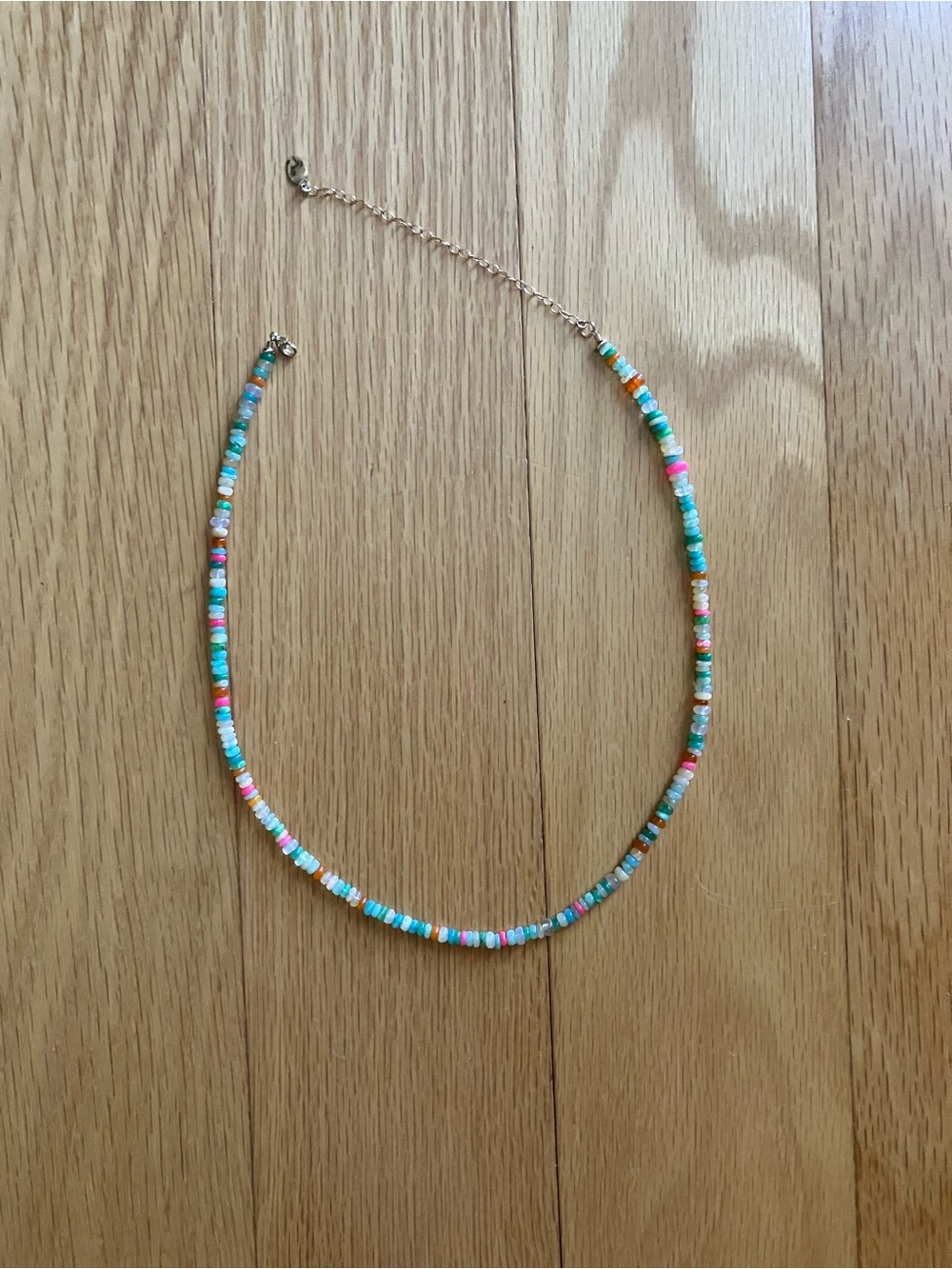 Multicolor Seed Bead Necklace With Glowy White Opals - 14k Gold Chain Accent